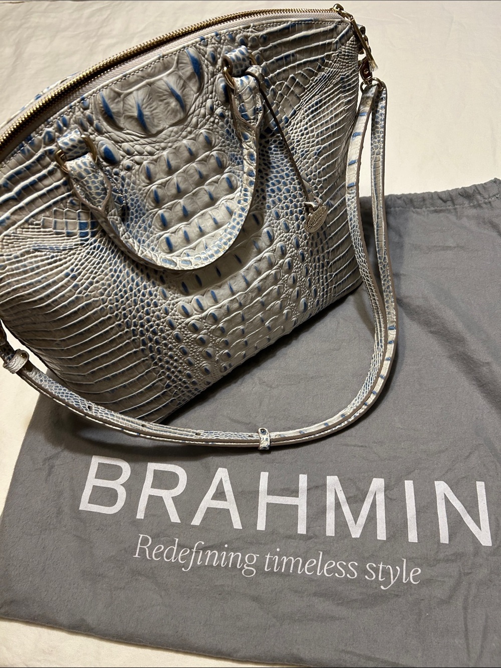Brahmin White Croc-Embossed Satchel with Blue Accents